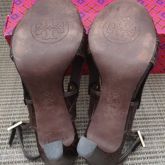 TORY BURCH 9M NAOMI Brown Croc Embossed Leather Slingback Heels - Picture 7 of 9